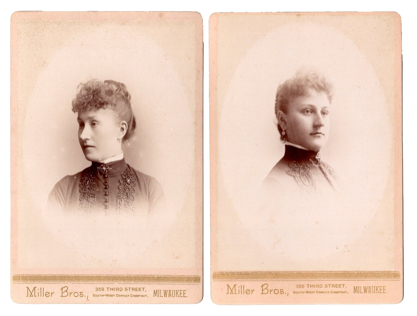 MILWAUKEE WIS 1880s TWO Victorian SISTERS Peach Cabinet Cards by MILLER BROS.