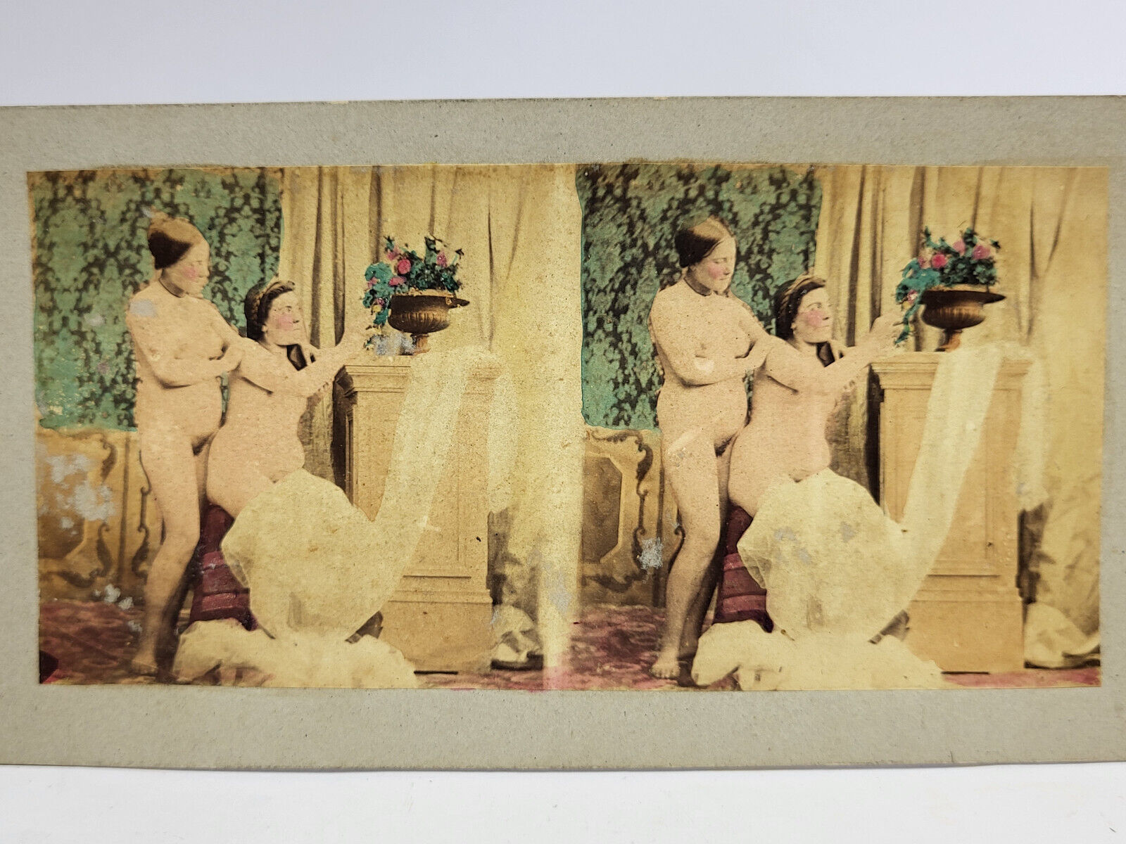Antique 1880\'s Tinted Color Stereoview Photo Card TWO NUDE WOMEN TOGETHER