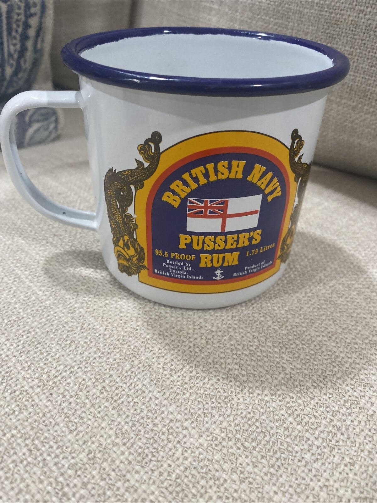 BRITISH NAVY PUSSER\'S RUM Enameled Cup Coffee Mug Pusser\'s Pain Killer England
