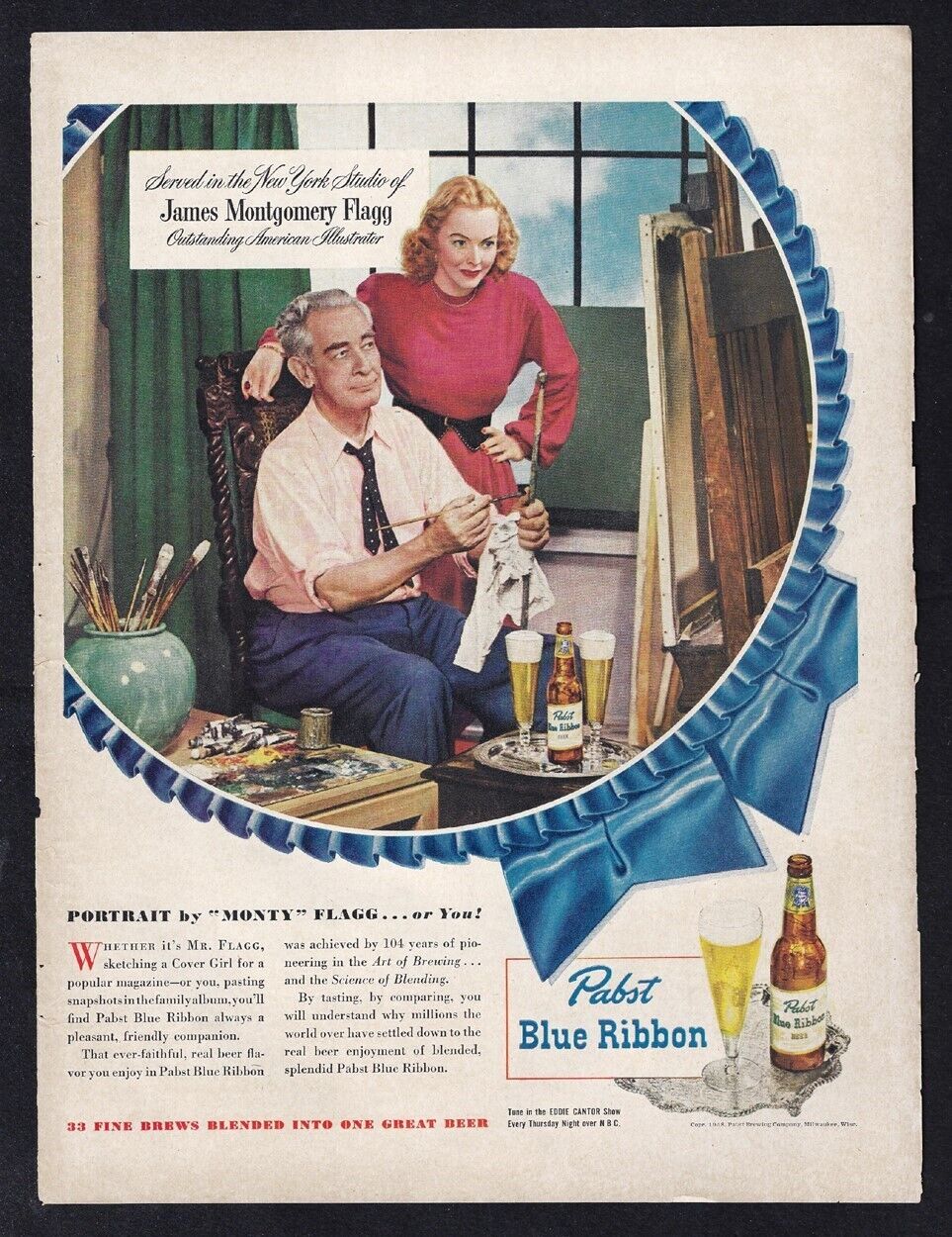 1948 PABST BLUE RIBBON Beer Ad - Endorsed by Illustrator James Montgomery Flagg