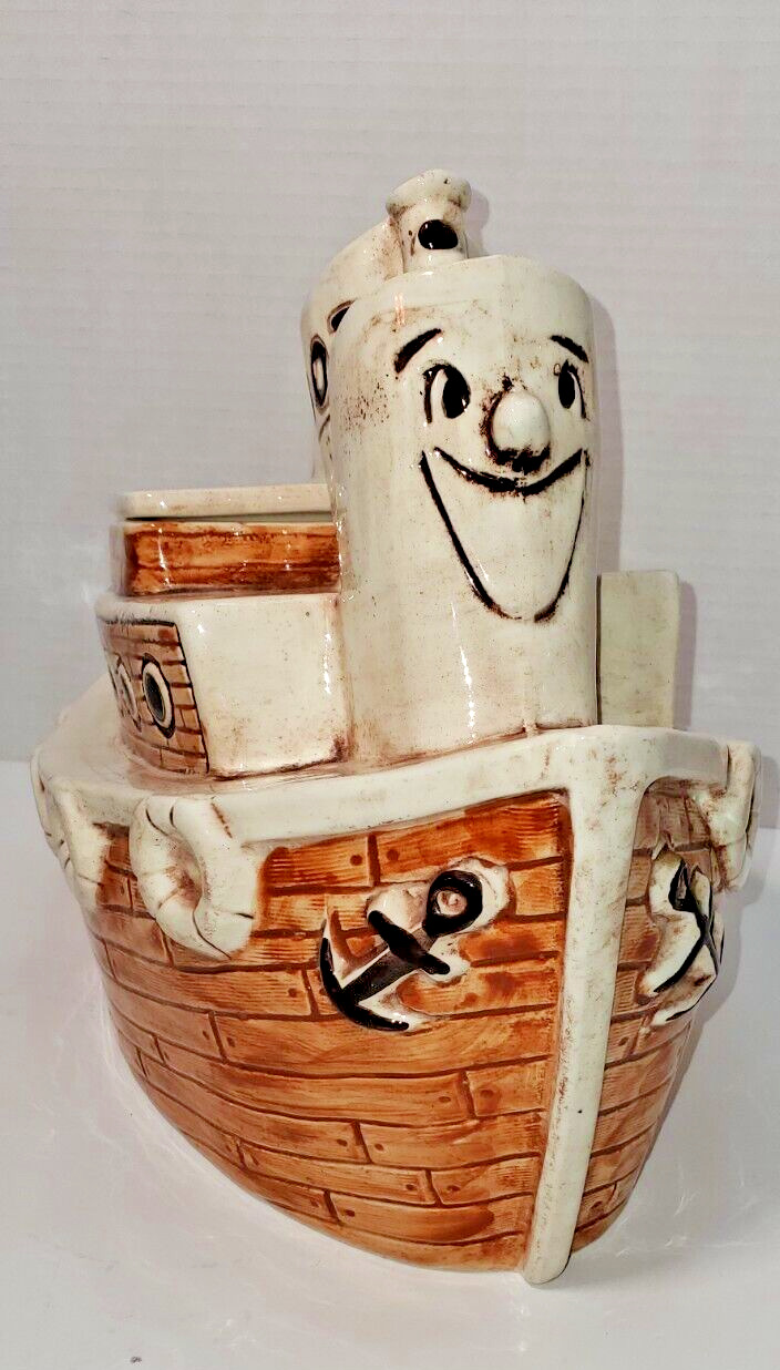 Vintage Toot Toot Tugboat Ceramic Cookie Jar by Treasure Craft in Rare Tan