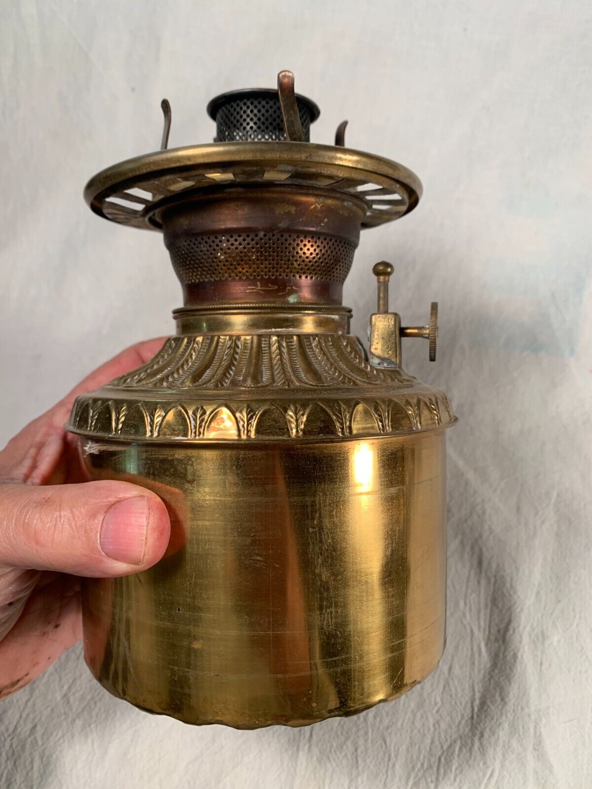 Victorian polished Brass Oil Lamp Font c1890s with FOSTORIA Flame Spreader