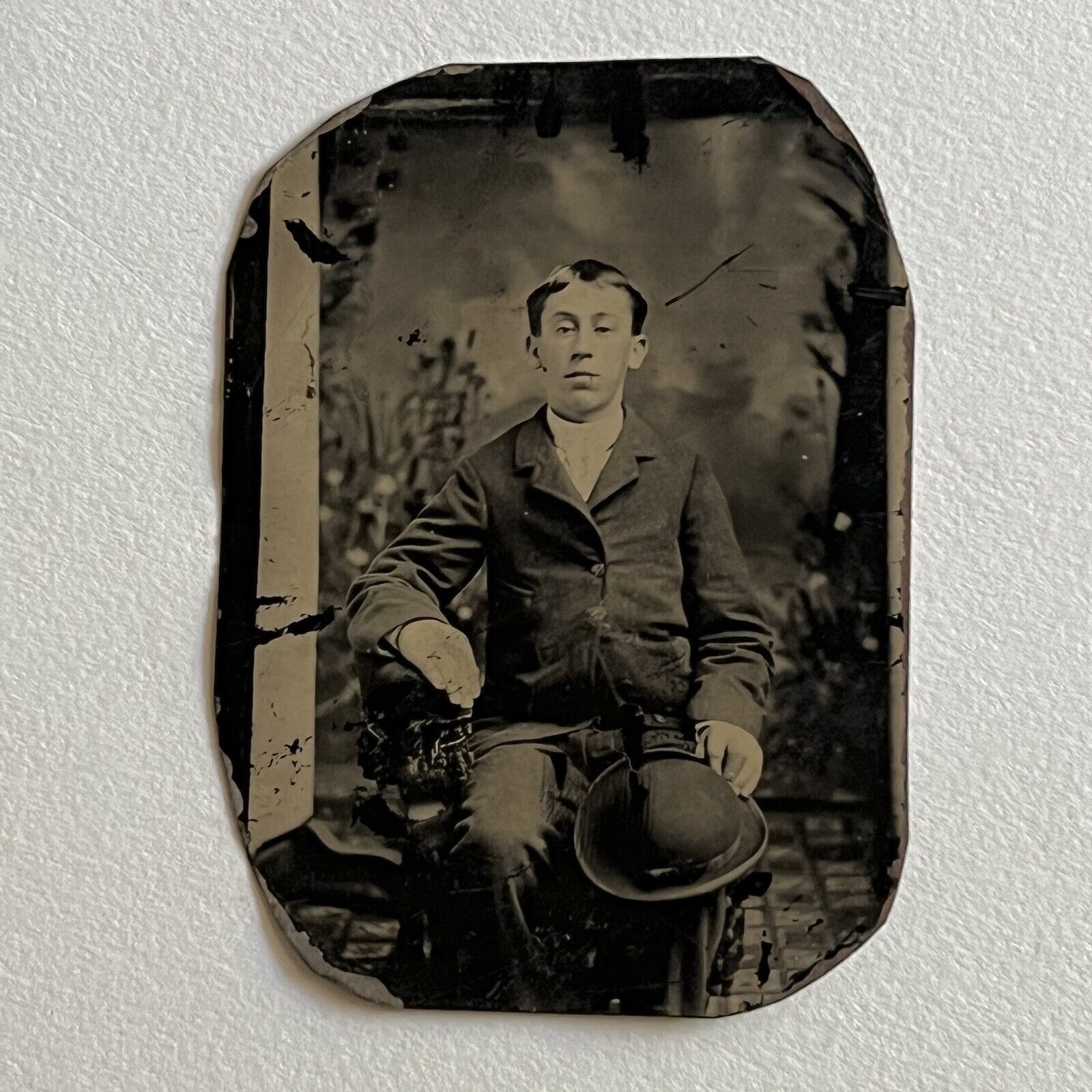Antique Tintype Photograph Young Man Working Class Teen Boy Bowler Hat