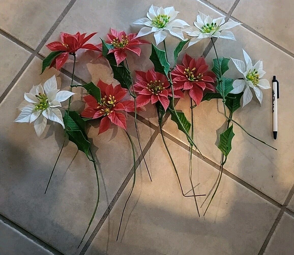 Vintage Red White Plastic Christmas Poinsettia Stems Crafts