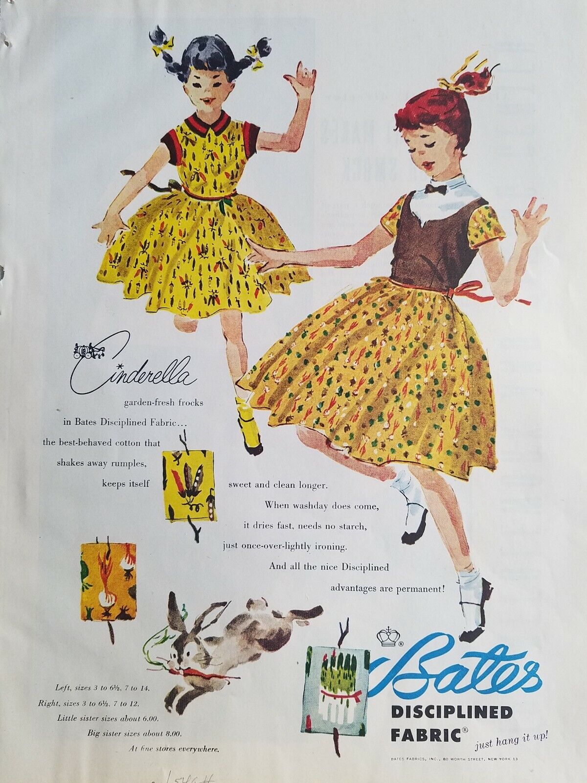 1954 little girls Cinderella dress Bates disciplined fabric redhead pigtails ad