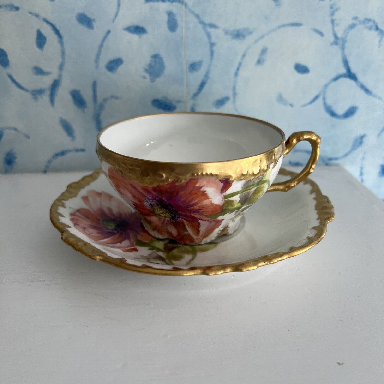 Antique Limoges Hand Painted Gold Gilt Tea Cup And Saucer J. P. Pouyat France