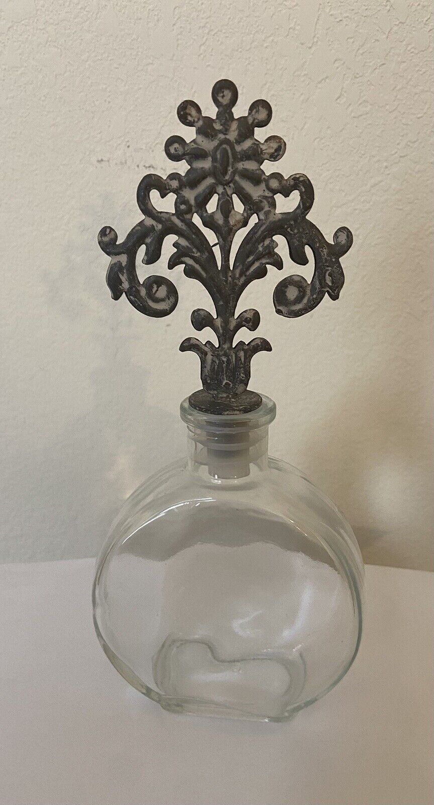 Vintage Clear Glass Decorative Perfume Bottle W/ Metal Ornate Stopper