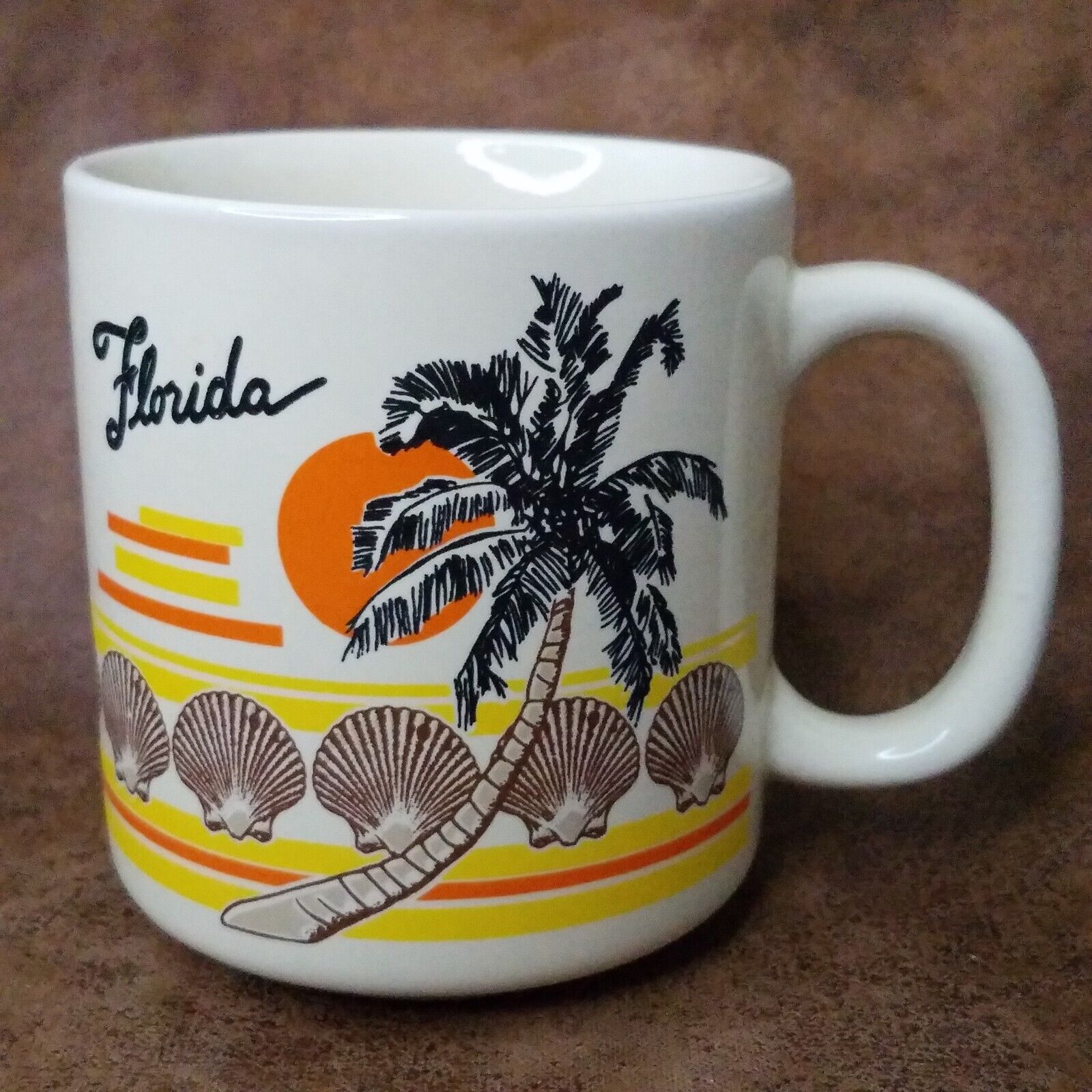 Vintage Florida Souvenir Coffee Mug Cup Beige Seashells Palm Tree Sun