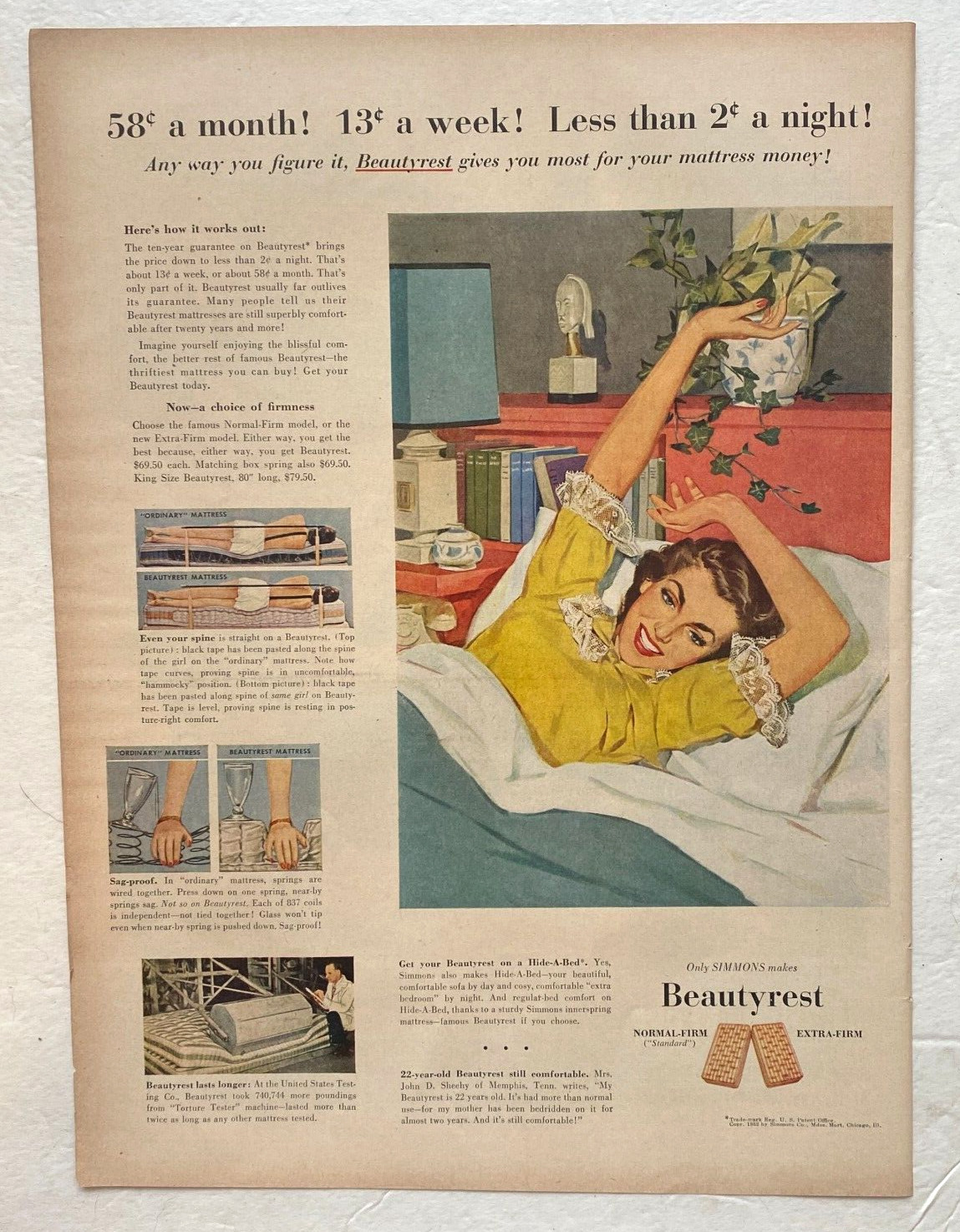 Beautyrest Vintage Print Ad 1952 Mattress Lady Simmons 10.5x14 In