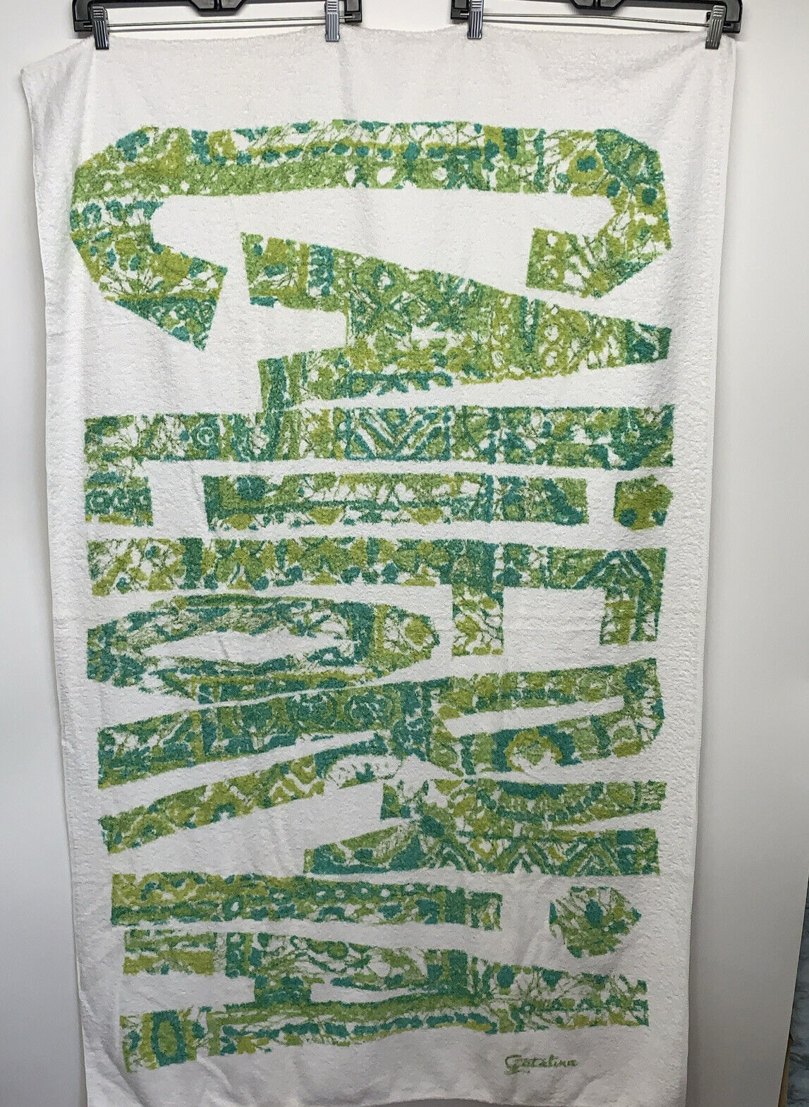 Rare Vtg 1970’s California Catalina White & Green Terry Cloth Beach Towel 35x60”