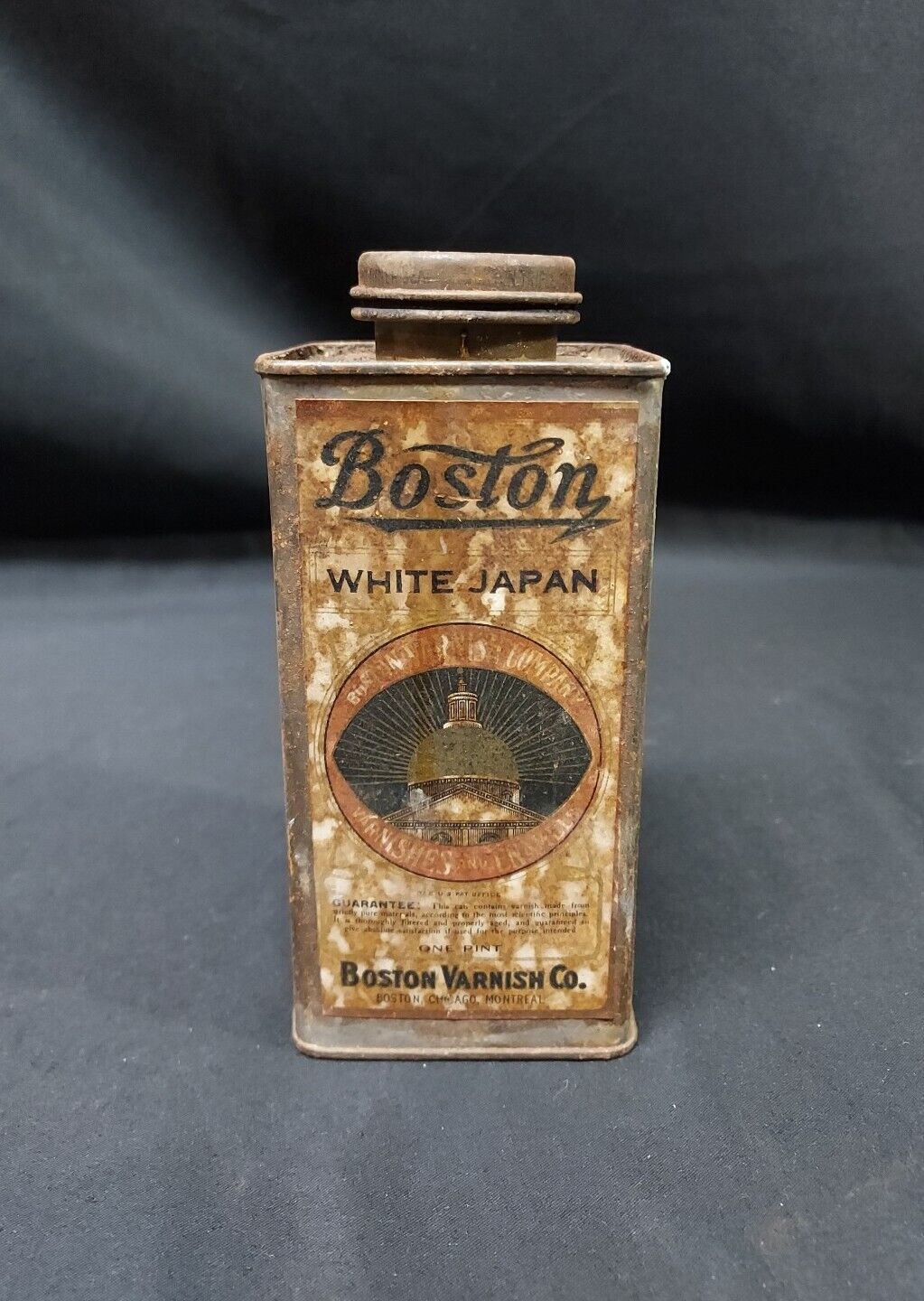 Rare Early 1900s Boston Varnish Co Solder Seamed Tin Can WHITE JAPAN Paper Label
