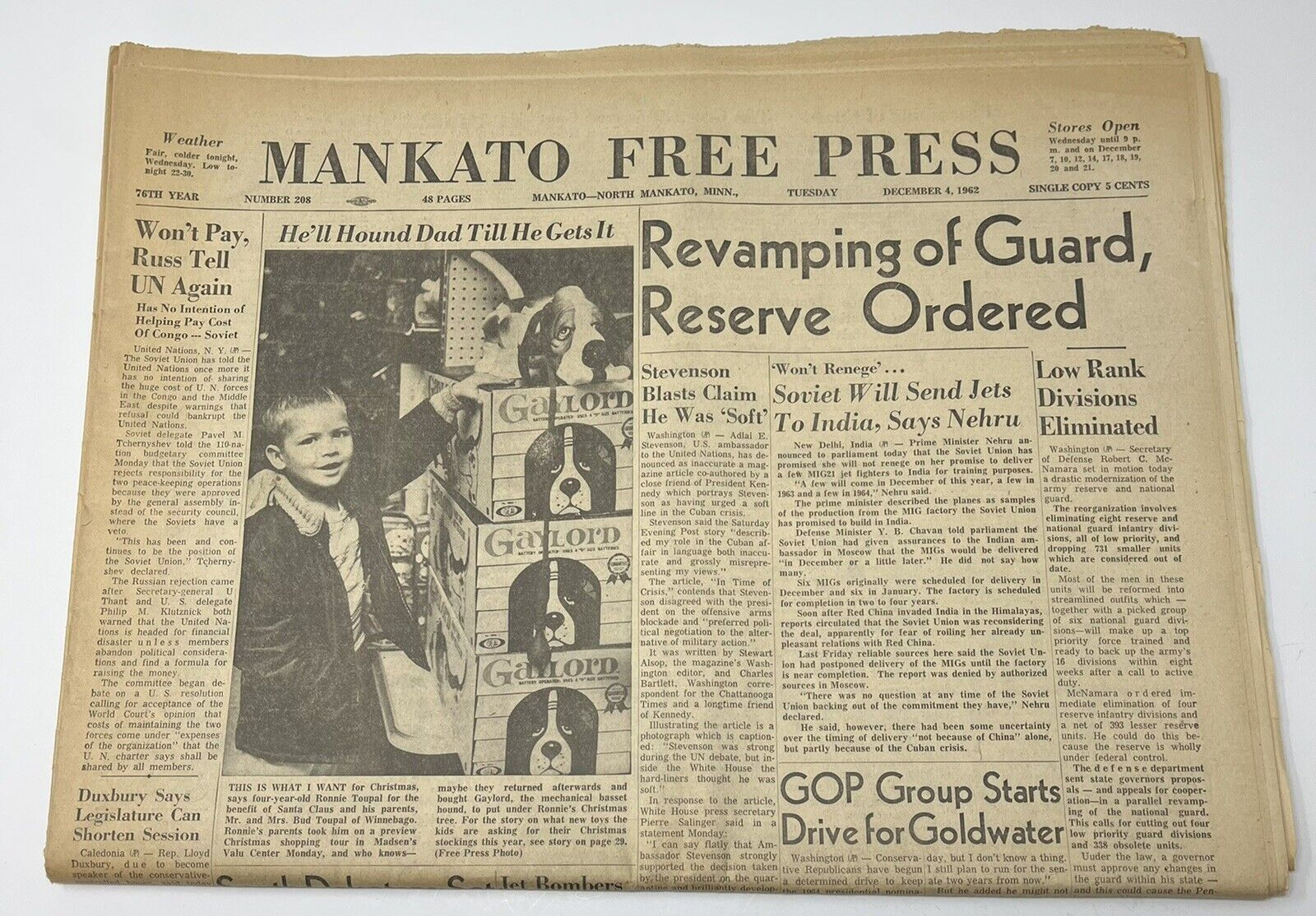 December 4 1962  Mankato MN Free Press Newspaper Soviet Sends Jets To India