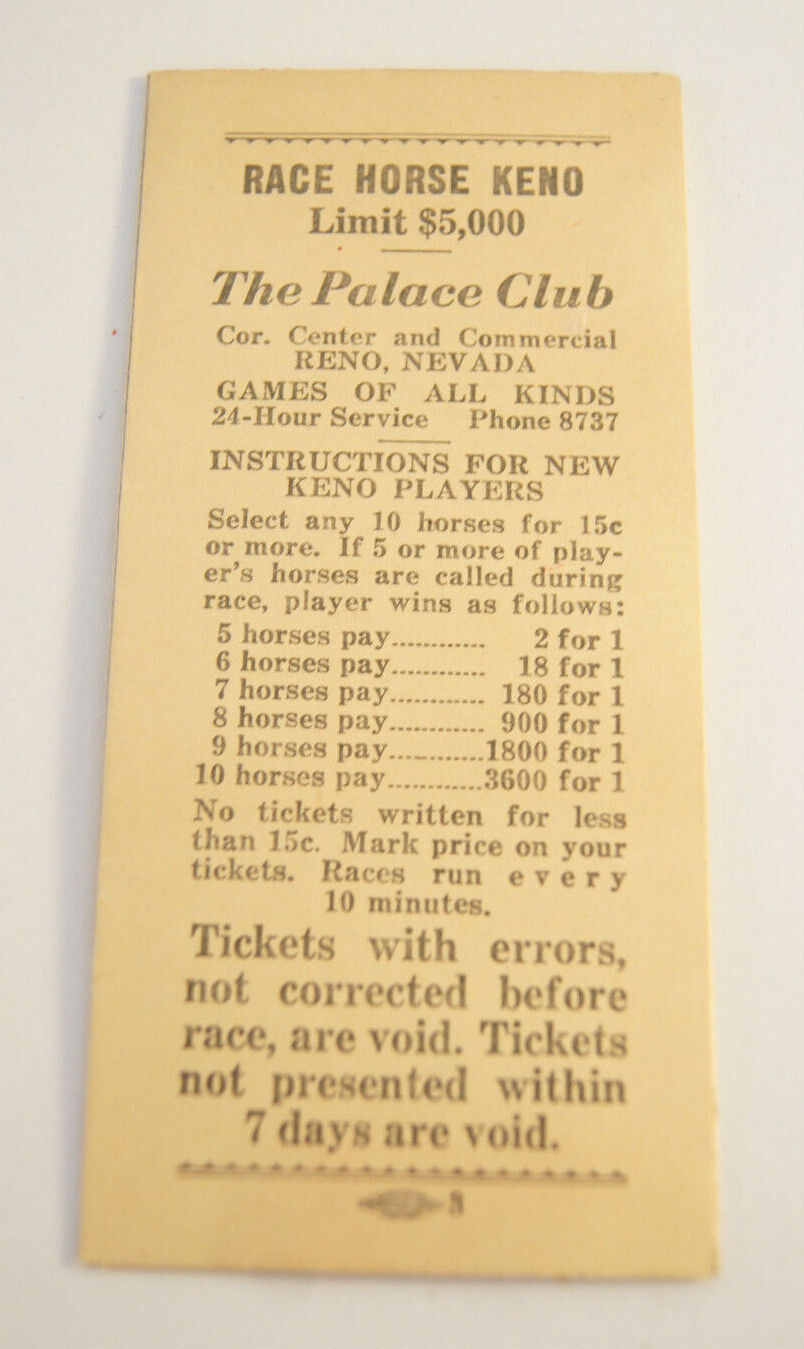 Race Horse Keno The Palace Club Reno Nevada Vintage Betting Gambling Card