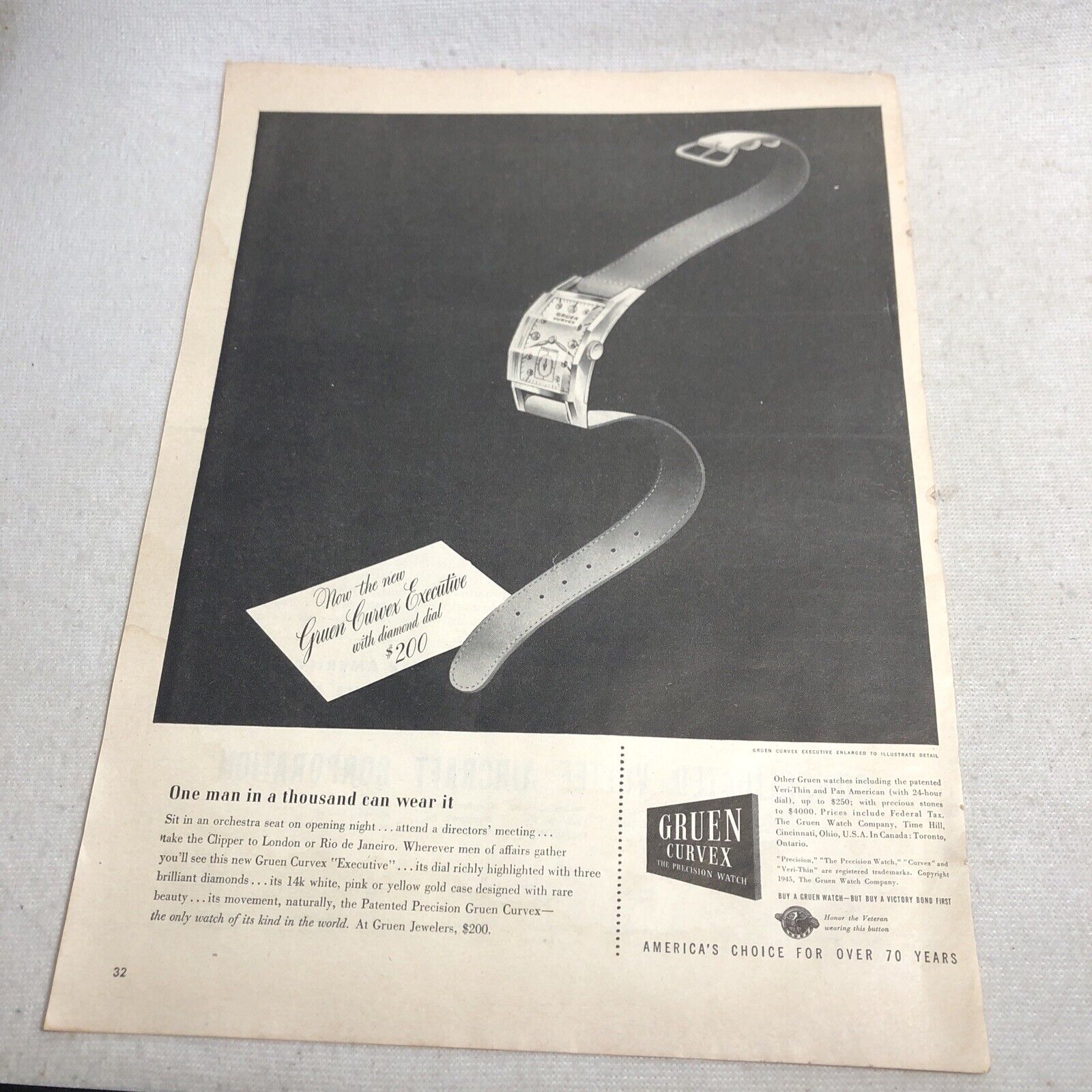 1945 Gruen Curvex Executive Watches Buy A Victory Bond First Print Ad 14”x10.25”