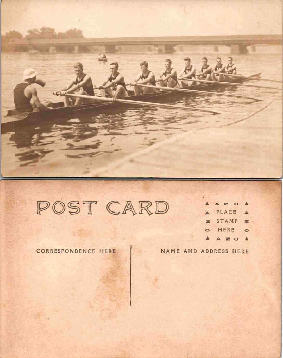 rare Vintage Postcard - college boat rowing RPPC - probably Massachusetts