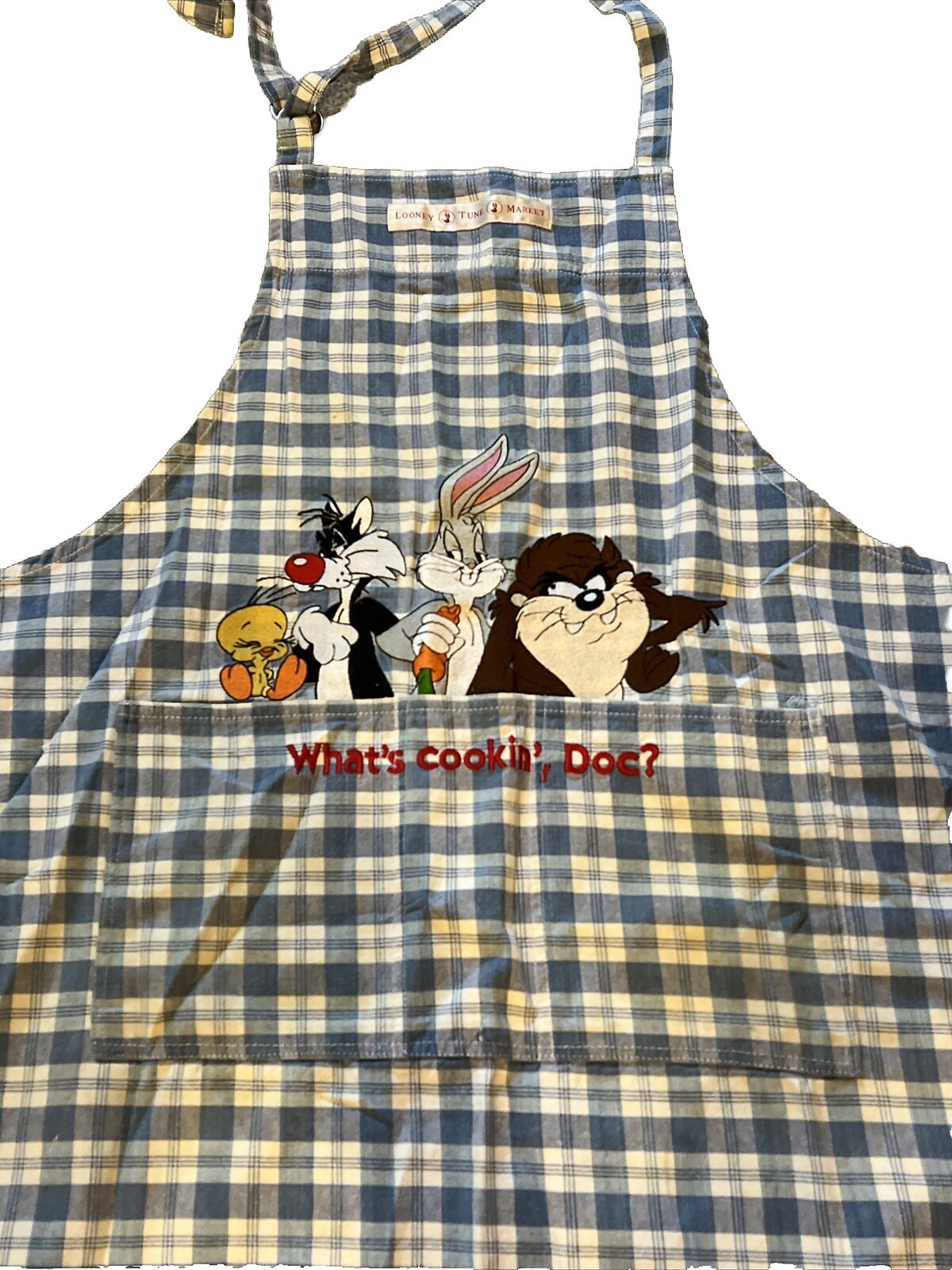 VTG 1997  Looney Tunes Tweety Tasmanian Devil Bugs Bunny Apron Embroidered Check