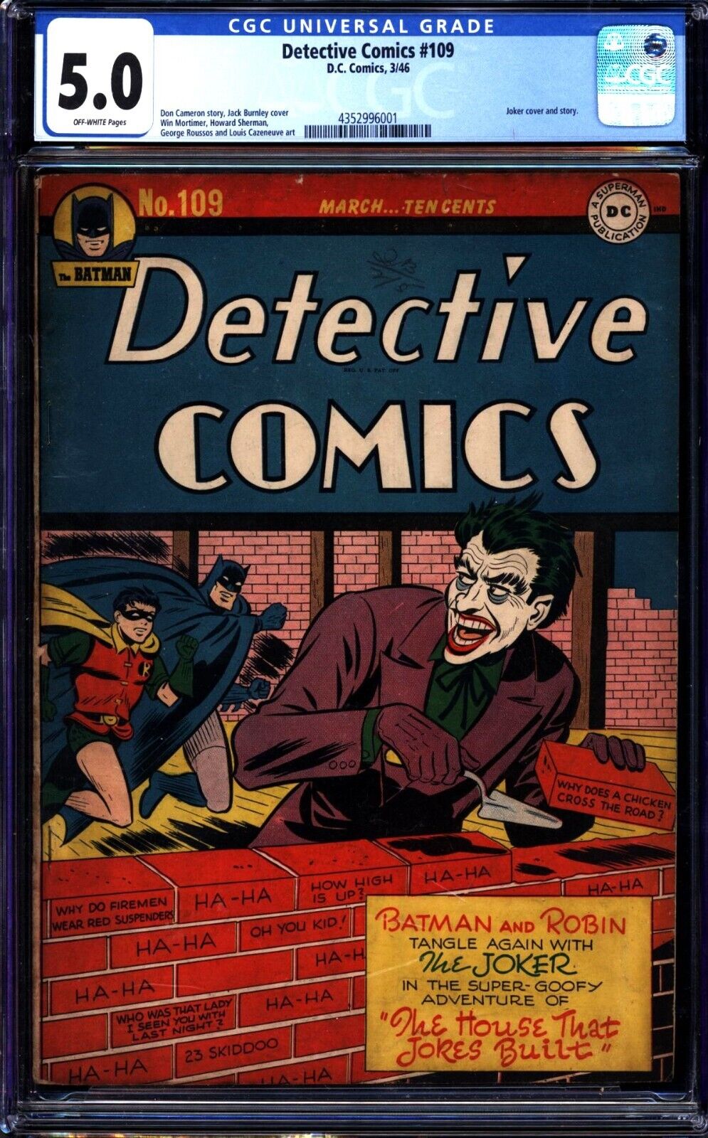 Detective Comics #109 (1946) CGC 5.0 -- Joker cover & story by Burnley & Cameron