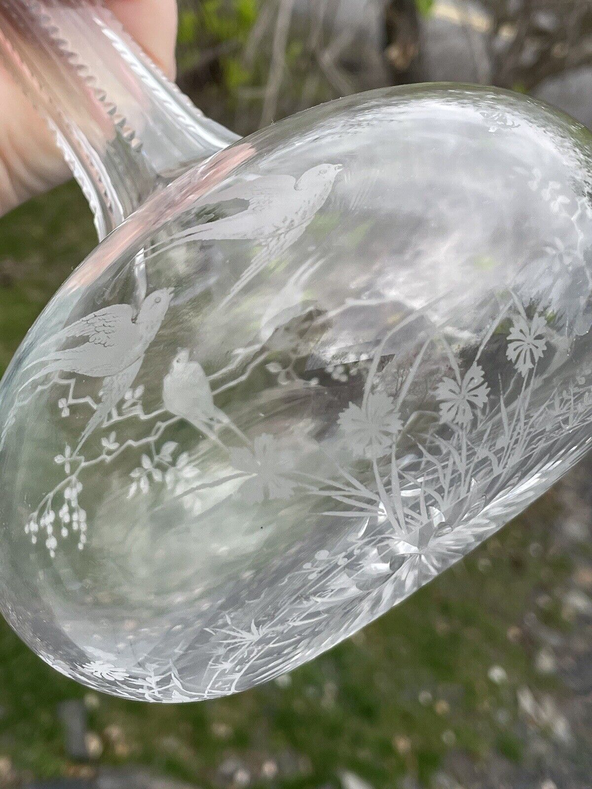 Antique Etched Cut Glass Decanter Bottle 19th C. Victorian Birds & Branches