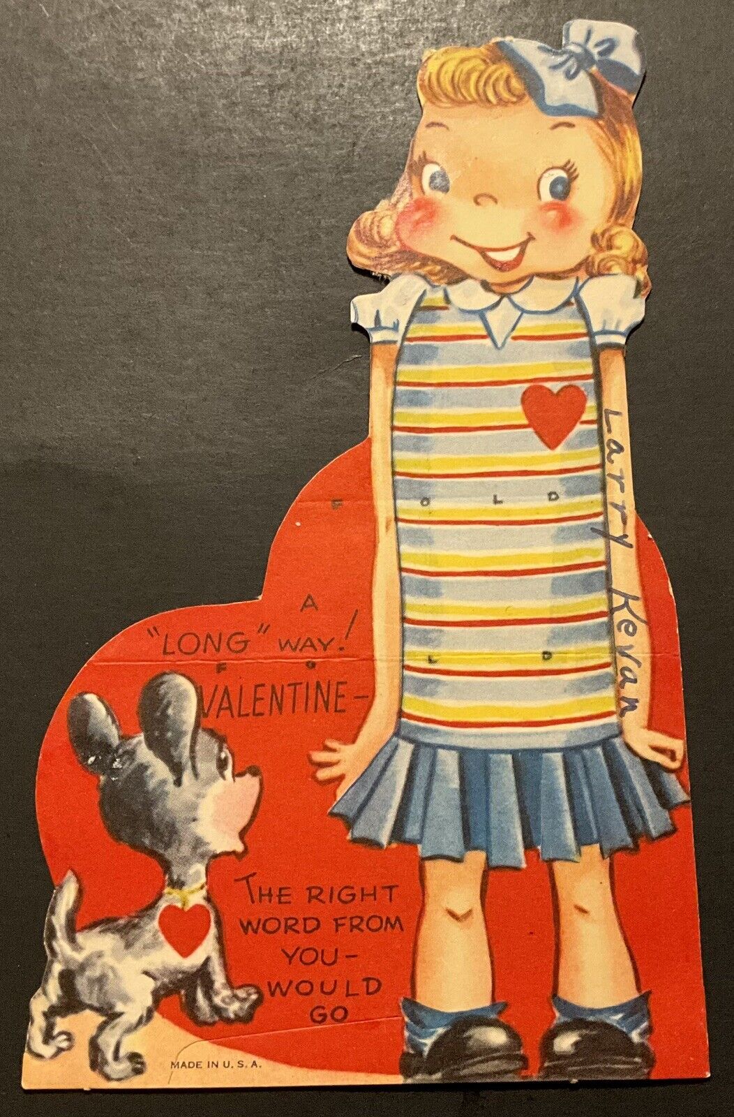 Vintage Valentine Day Card Very Tall Girl  LONG Way Valentine Puppy Folding Card