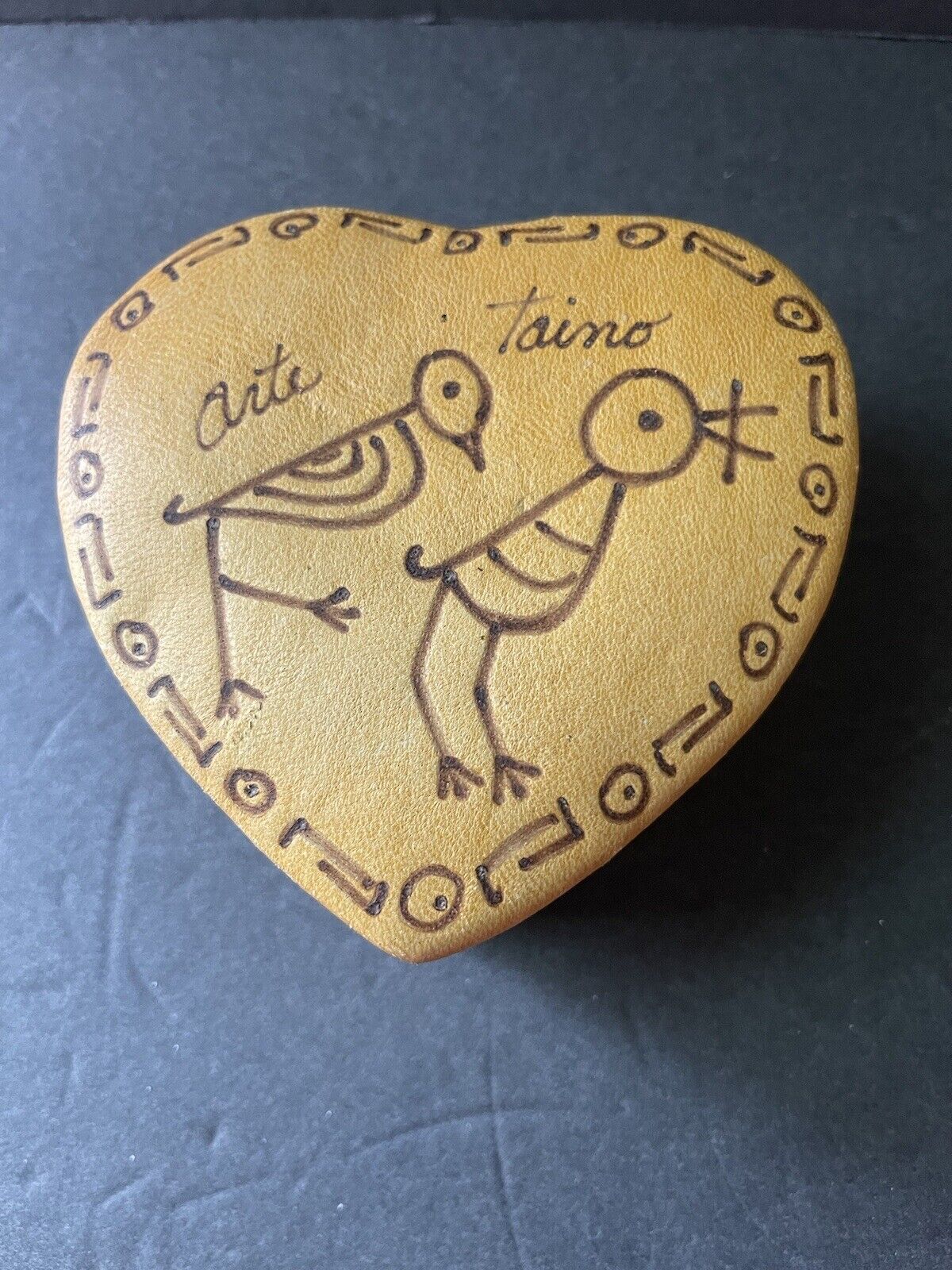 Vintage Handcrafted Tan Leather Heart Shaped Bird  Trinket Jewelry Box Retro