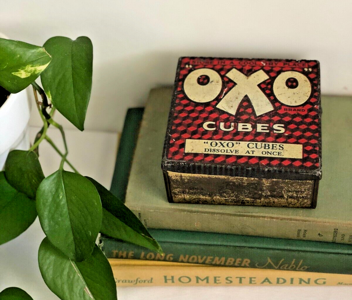 Antique  OXO Cubes Tin Box Metal Storage Early 1900's Original Red Black  White