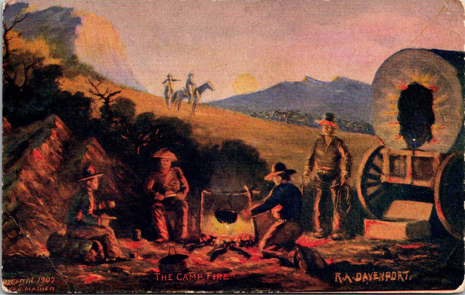 Antique Postcard Western Cowboy Camp Artist Signed Art R. A. Davenport