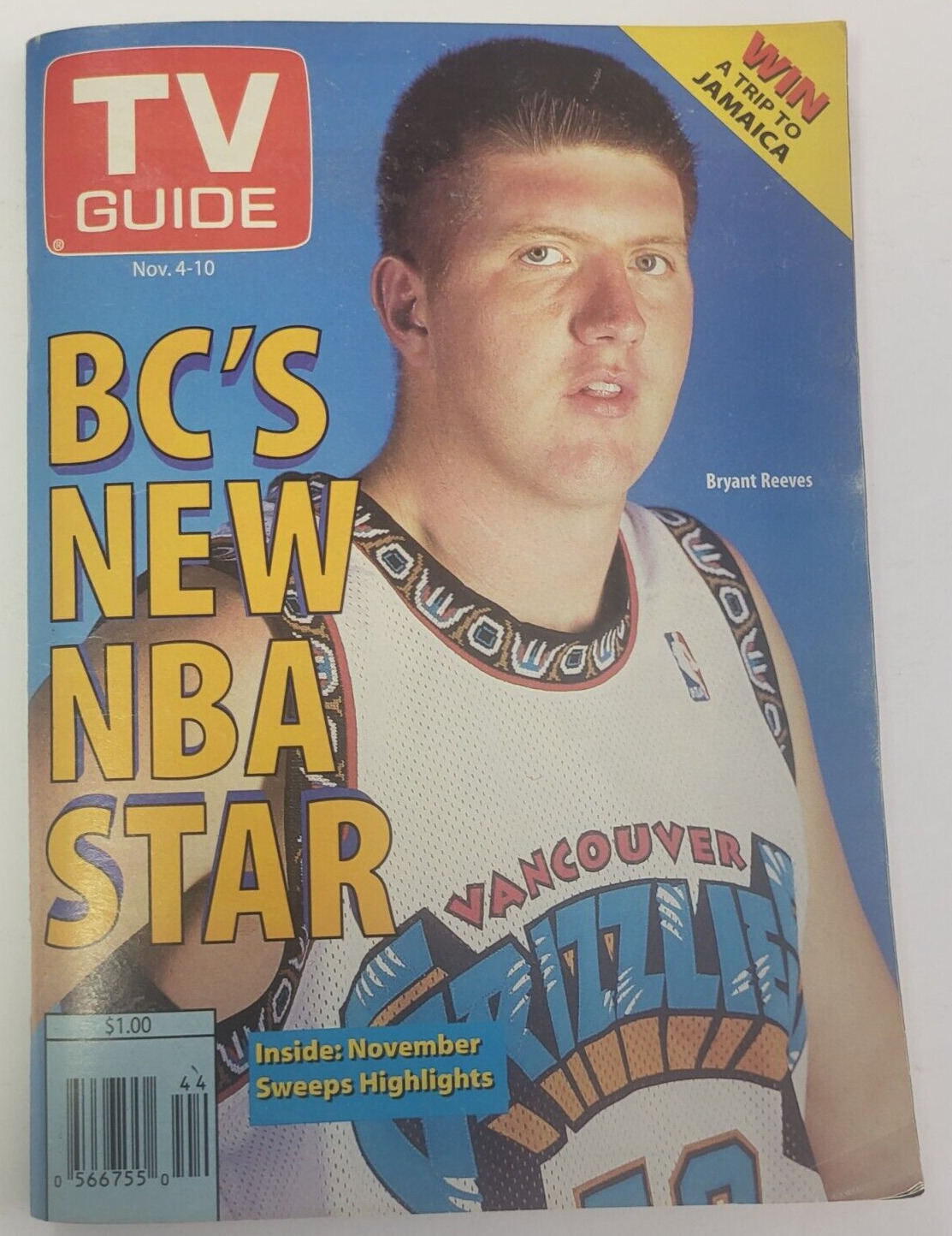 TV GUIDE 1995 November 4/10 Bryant Reeves NBA Vancouver Grizzlies Star BC Canada