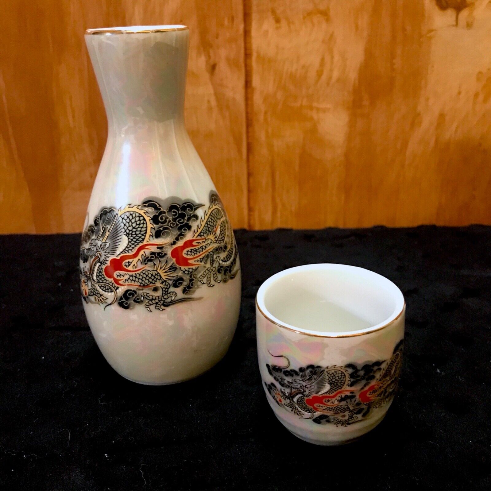 Vintage Japanese Porcelain Sake Carfe & Cup Gold Rim Pearlescent Dragon