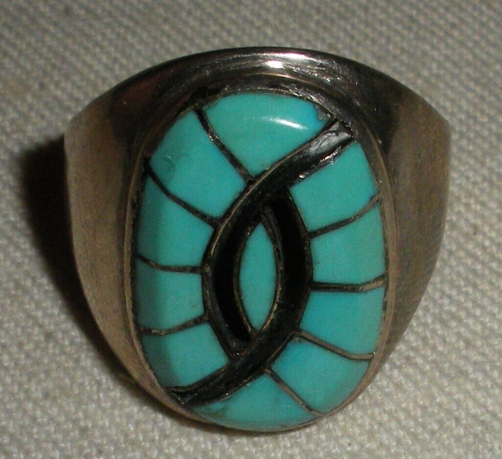VINTAGE ZUNI TURQUOISE STERLING SILVER RING GREAT DESIGN SIZE 11 vafo