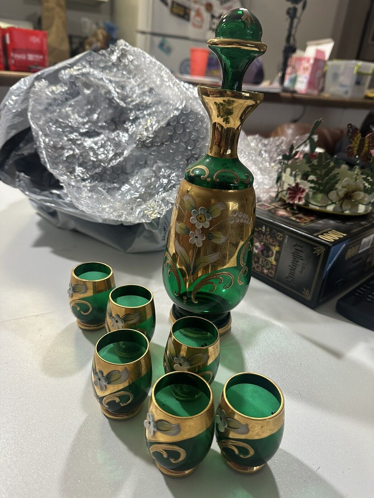 Vintage Venetian Murano Glass Decanter Cordials/Glasses(6) Emerald Green Enamel