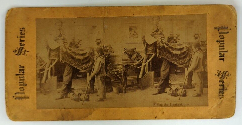 Antique Portrait Stereoview c1880 Stereoscopic Photo Card, Riding The Elephant