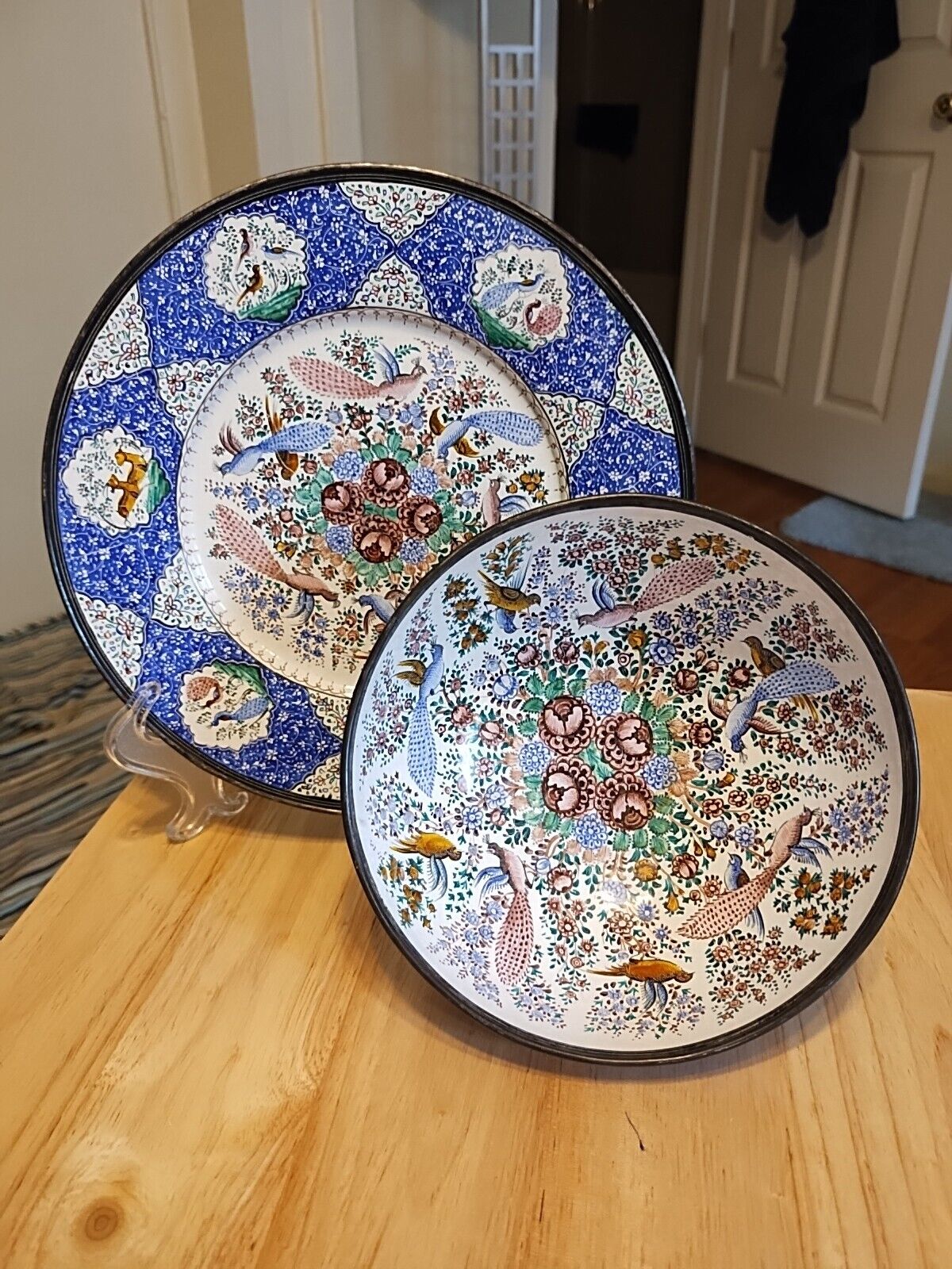 Lovely Antique Persian Hand Painted Enameled Copper Bowl and Plate