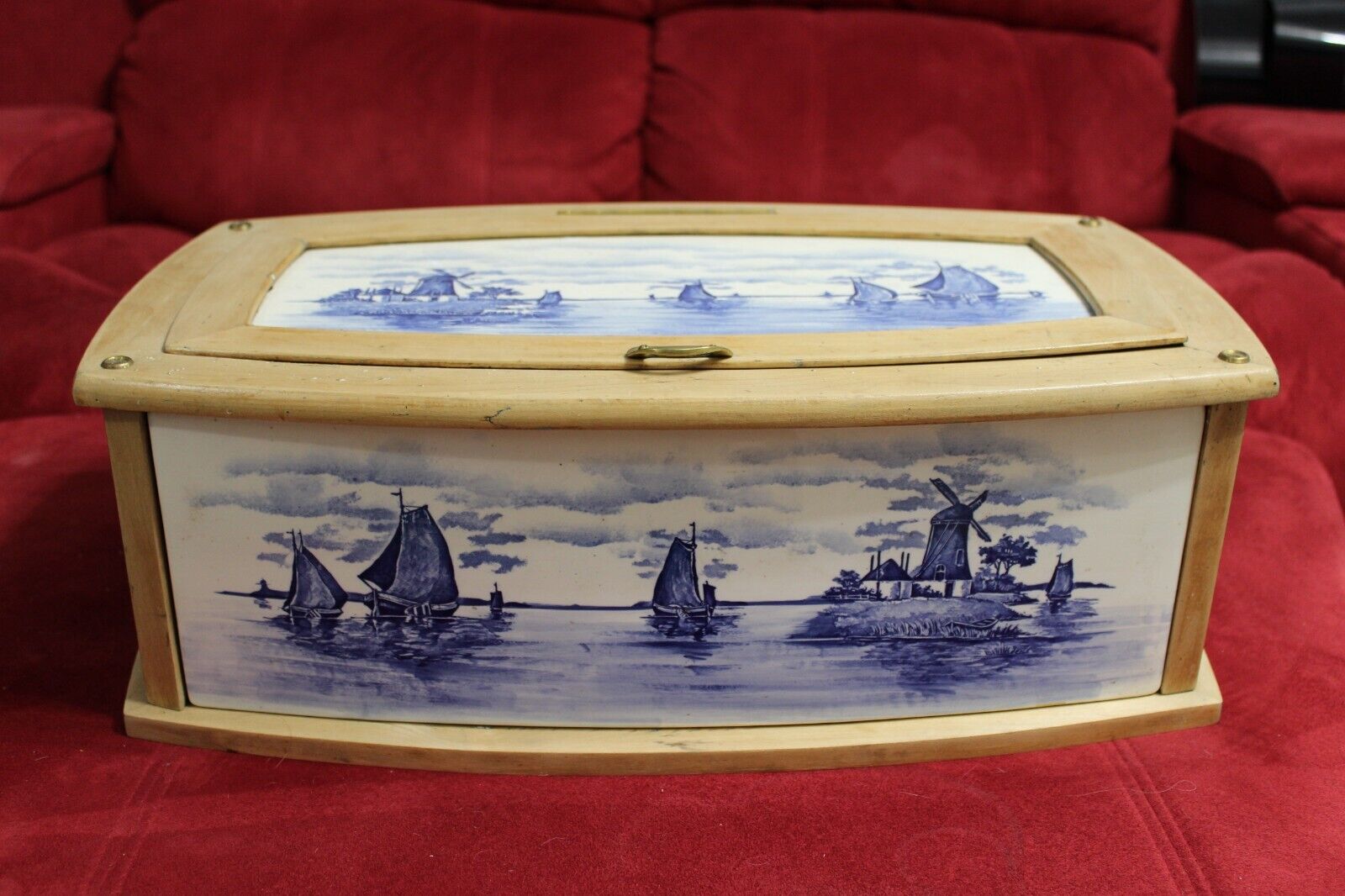 Rare Antique European Breadbox Humidor Bread Box Ceramic Porcelain Pottery Wood