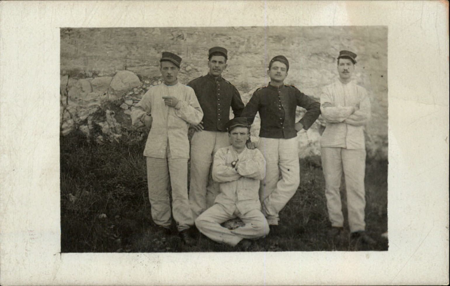 RPPC WWI era French soldiers white work uniforms real photo postcard