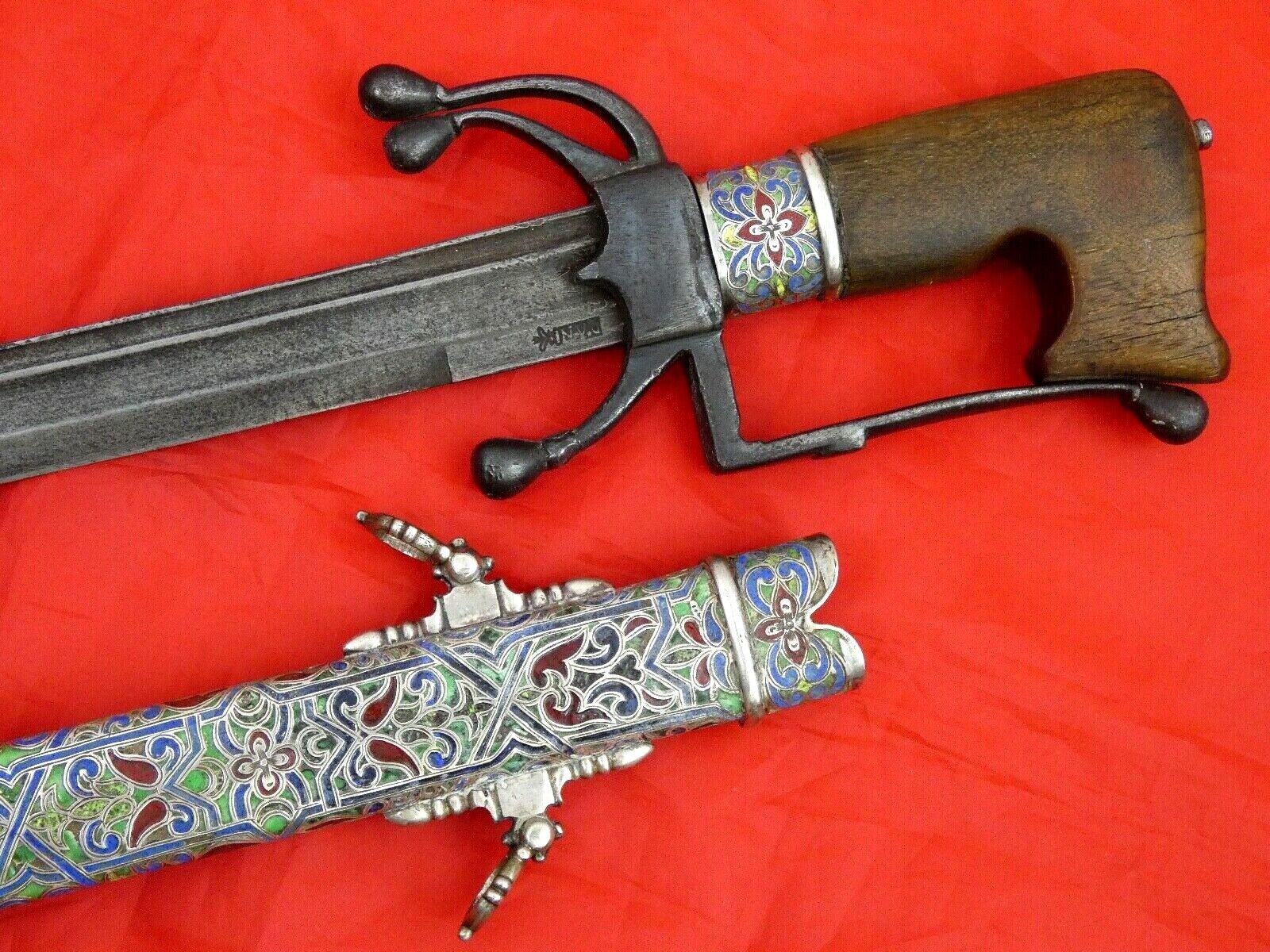 FINEST ANTIQUE ISLAMIC NIMCHA SILVER ENAMEL SWORD Morocco Maghreb Arab Dagger