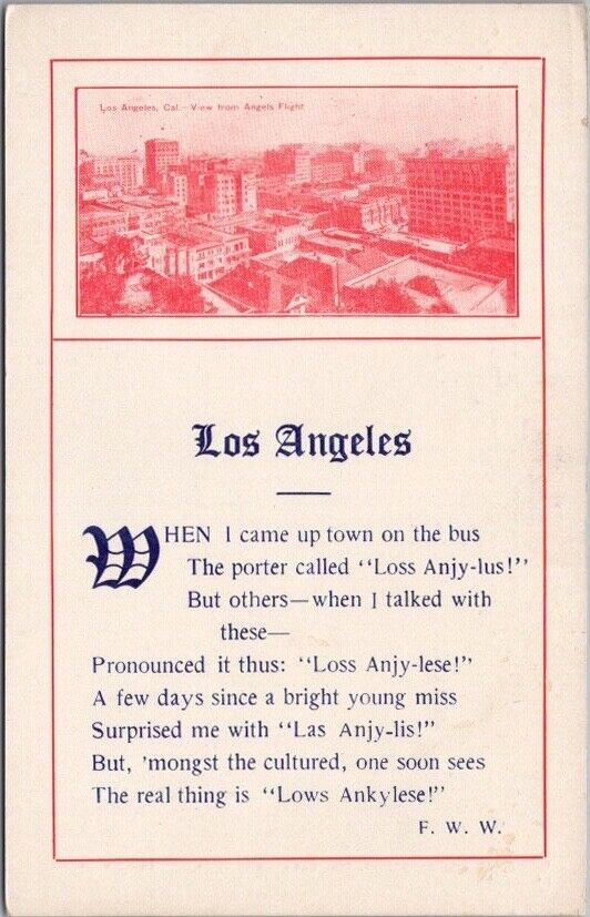 Vintage 1910s LOS ANGELES, California Greetings Postcard Poem / Panorama View