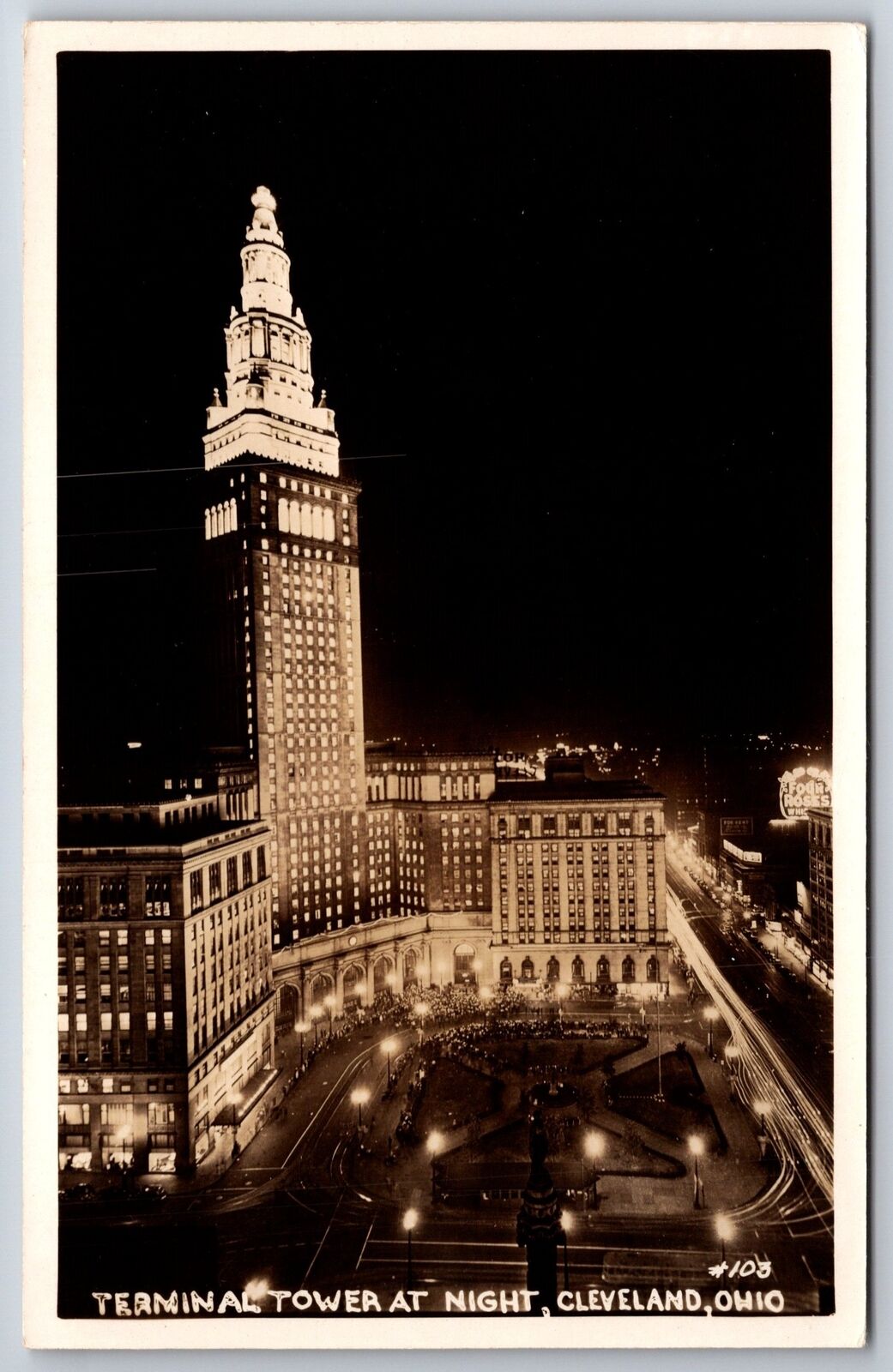 RPPC~Cleveland Ohio~Birds Eye View Of Terminal Tower @ Night~Real Photo Postcard