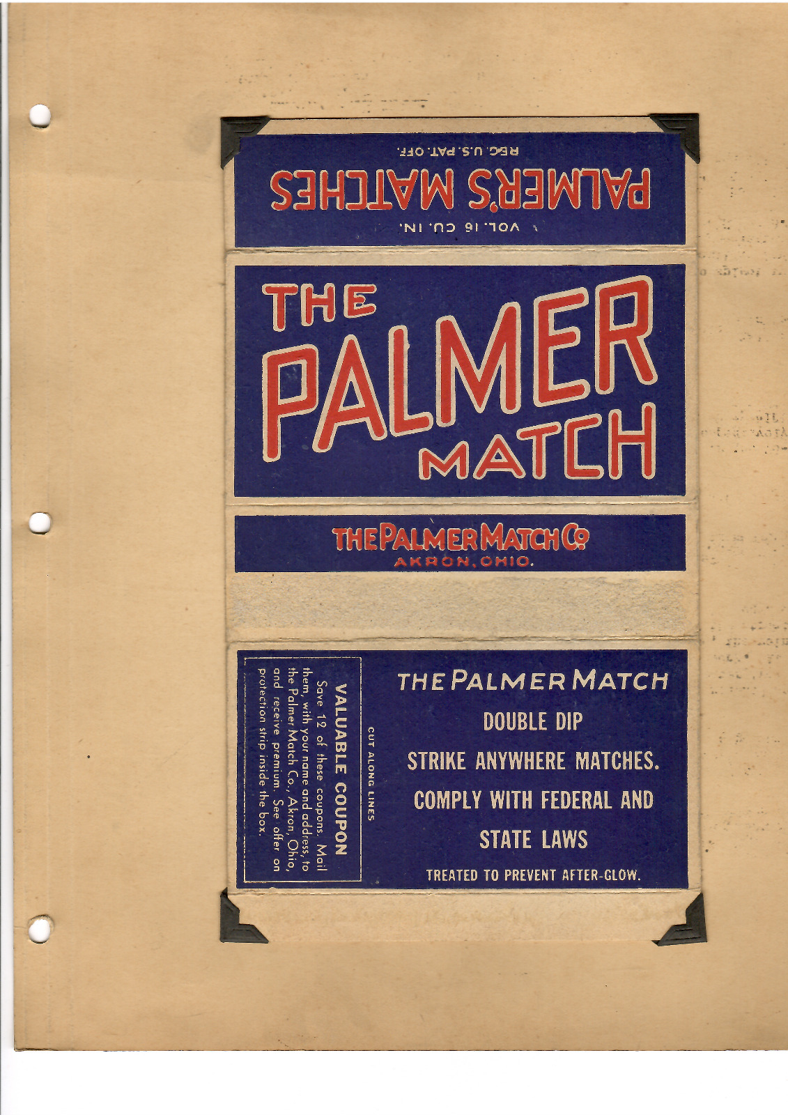 Antique Matchbook - Palmer Matches The palmer Match Co. - Large Box
