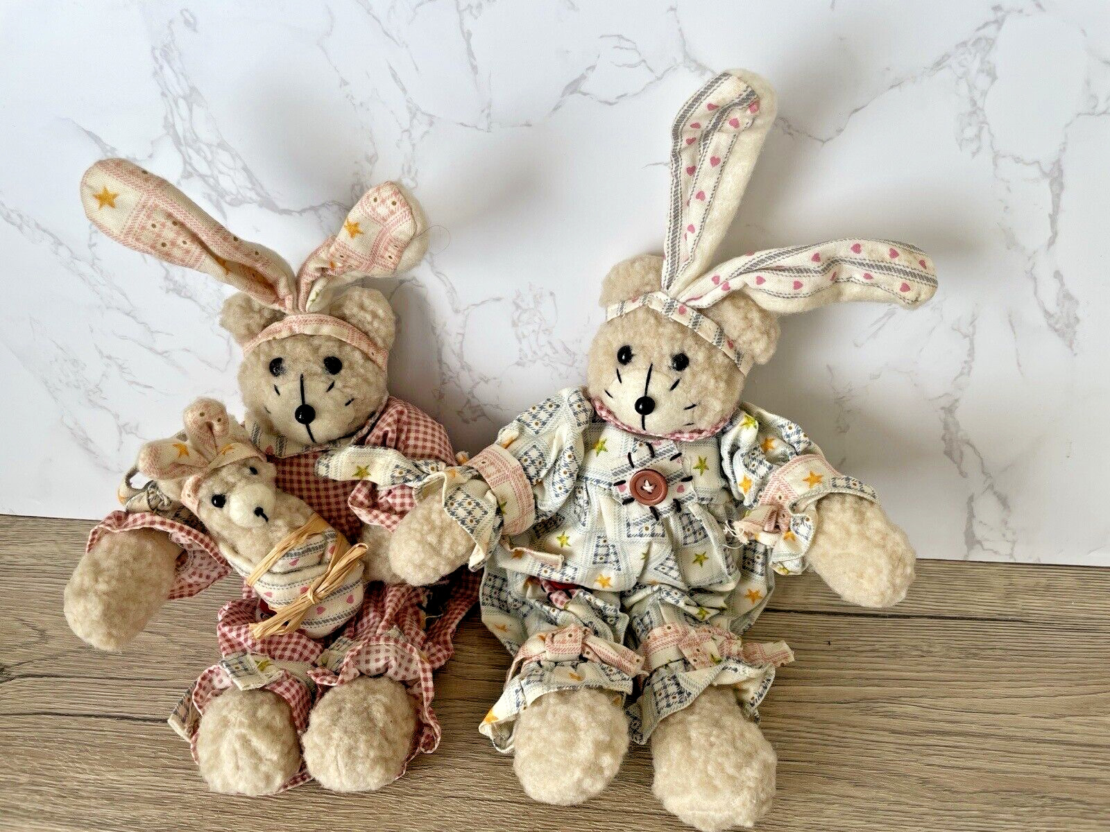 VTG Folk Art Bear Bunny Rabbit Ears Sherpa Stuffed Plush Pair Easter Decor x2
