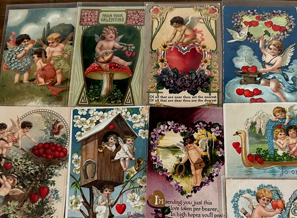 Lot of 10 Cupids with Hearts~Flowers~ Vintage~Valentine's Day Postcards~h332