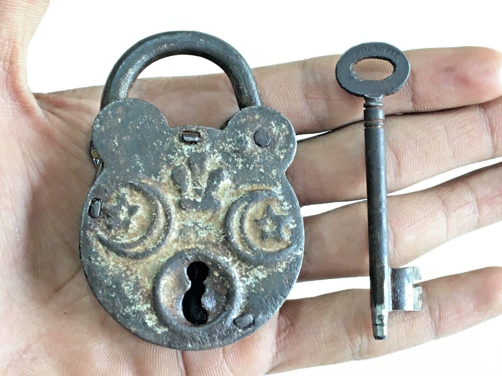 Antique Old Rare Islamic & God Ganesh Embossed Mark Iron Padlock With Key 