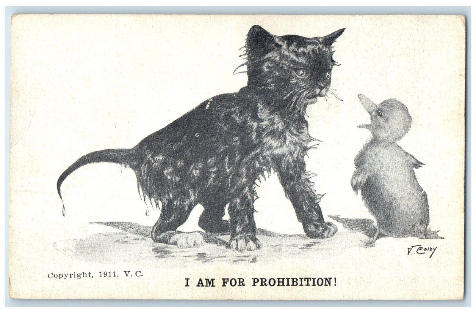 c1910's Black Cat And Duckling I Am For Prohibition Temperance Colby Postcard