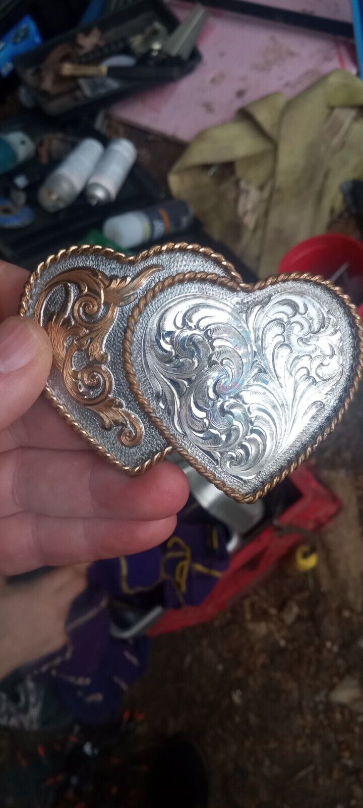 Vintage Montana Silversmith Silver Plated Western Double Heart Belt Buckle