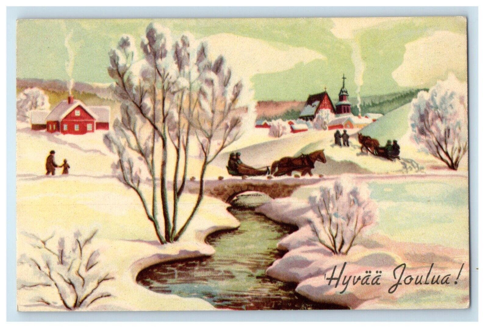 1948 Merry Christmas Hyvaa Joulua Horse Sled Winter Snow Finland Posted Postcard