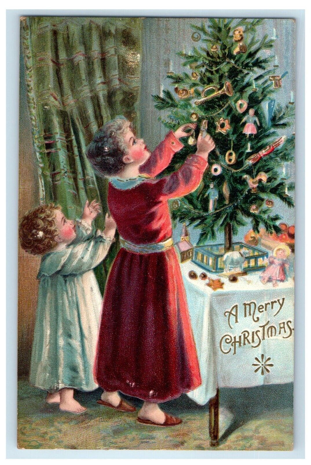 1907 Merry Christmas Mother And Child Decorating Christmas Tree Antique Postcard