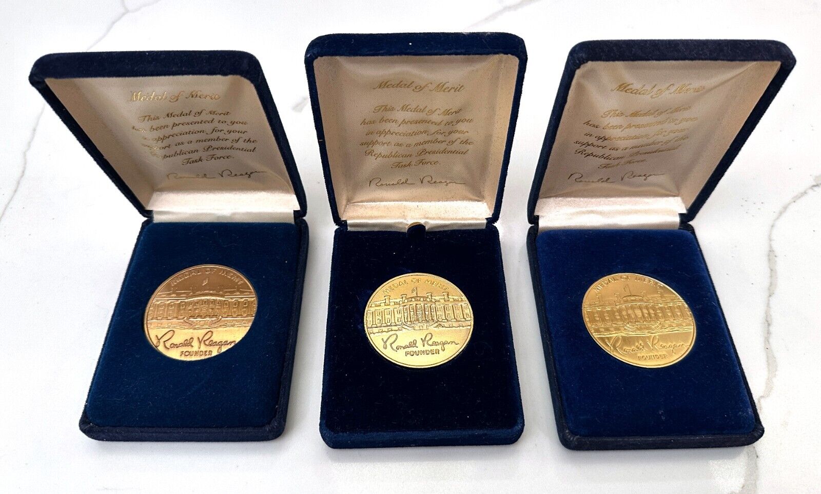 3 Vintage Ronald Reagan Medal Of Merit Coins Republican Presidential Task Force