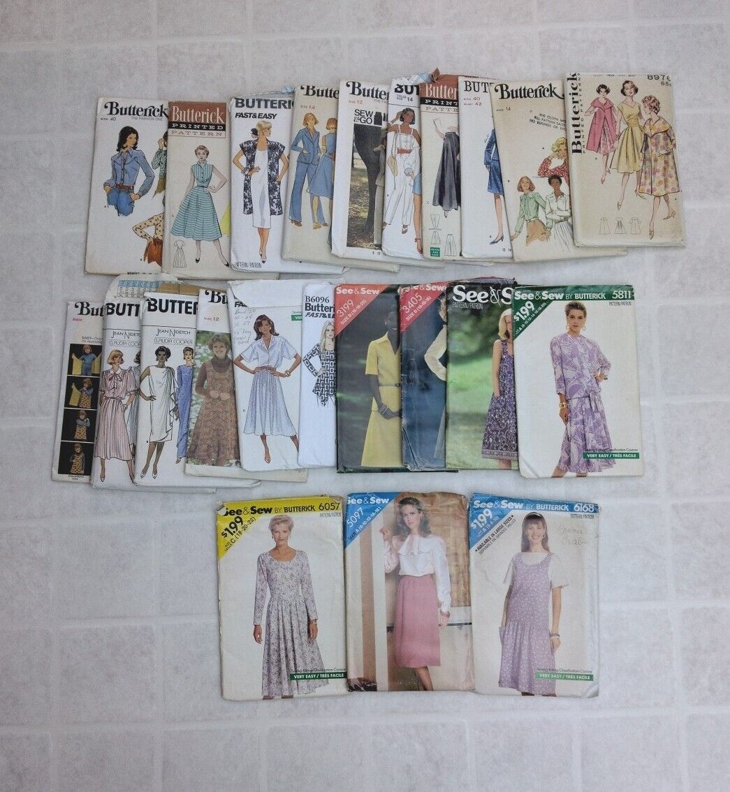 Lot of 23 Vintage Butterick Sewing Patterns 50s 60s 70s 80s Dress Blouse All Cut