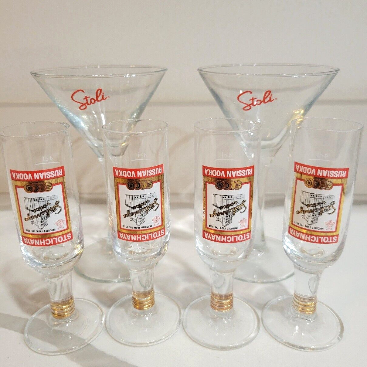 Set of 2 Stoli 5 oz Retro Martini & Set of 4 Footed Upside Down Shot Glasses