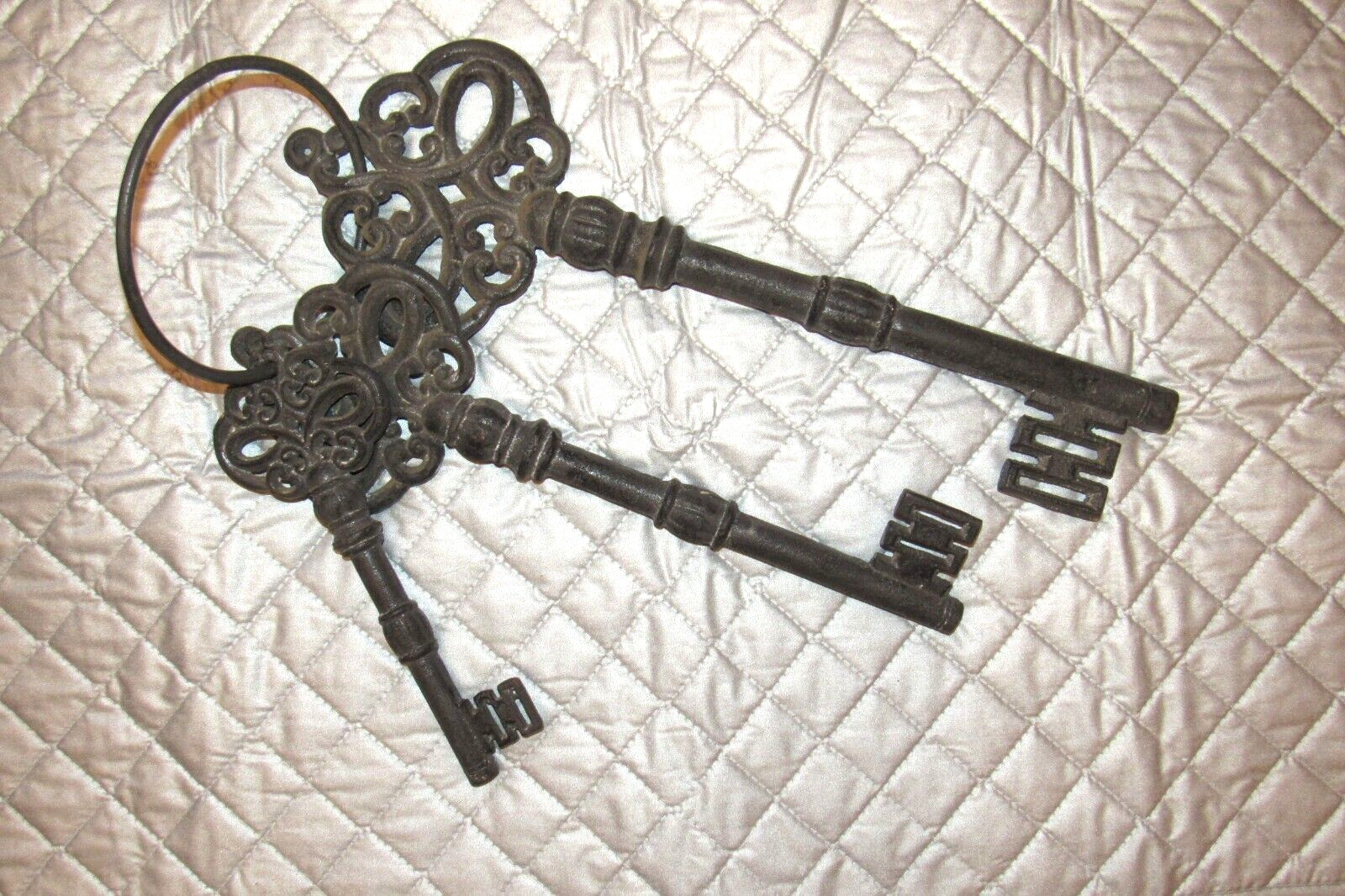 Huge Antique Iron Skeleton Keys 3 on Ring 17.5 inches largest key 7+ lbs