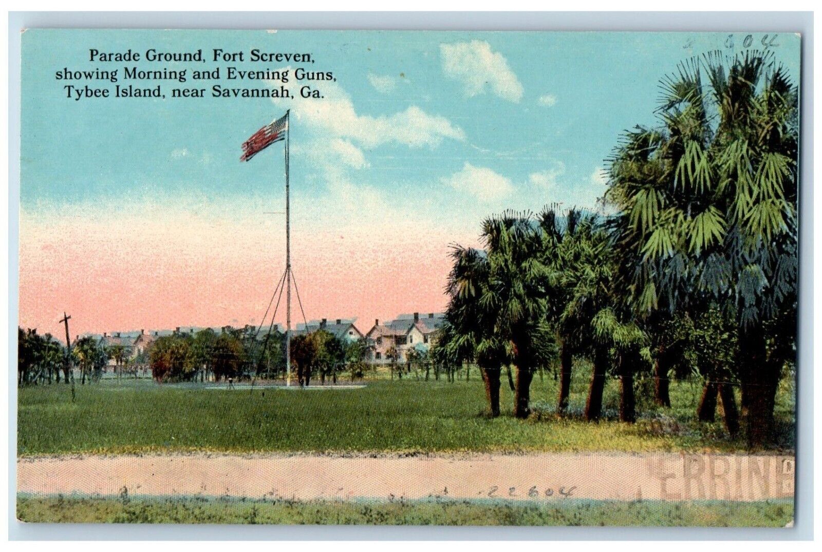 Savannah Georgia Postcard Parade Ground Fort Screven Morning Evening Gun c1910
